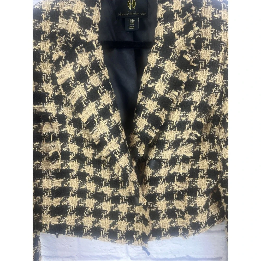 House Of Harlow Preppy Dark Academia Cropped Tweed Houndstooth Blazer Size M